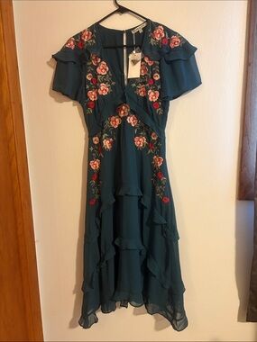 Floral Embroidered Teal Midi Dress